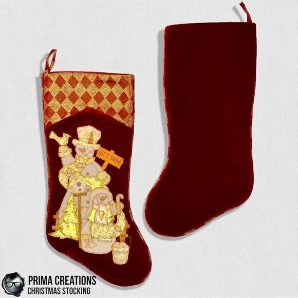 VINTAGE  CHRISTMAS STOCKING APPLIQUÉ SNOWMAN LET IT SNOW VELVET FELT IN RED GOLD - Picture 3 of 15